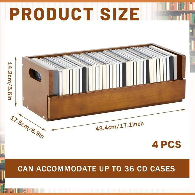 Alt view image 2 of 5 - CroBlissful 4 Set Wooden CD Storage Box,Holds 144 CDs(36 Each),Stackable CD Holder Organizer with Magnetic Front Flap and Carrying Handles for DVDs, Cassette Tapes and Movie Cases (Brown)