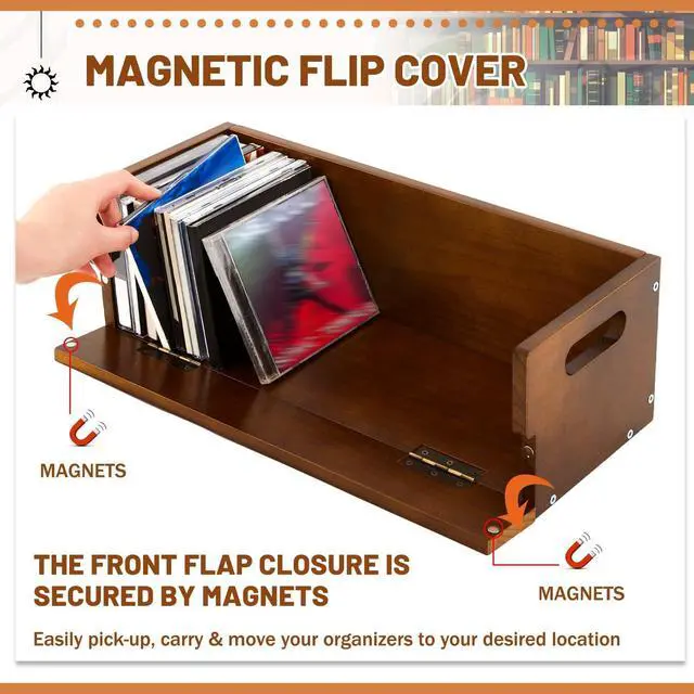 Alt view image 3 of 5 - CroBlissful 4 Set Wooden CD Storage Box,Holds 144 CDs(36 Each),Stackable CD Holder Organizer with Magnetic Front Flap and Carrying Handles for DVDs, Cassette Tapes and Movie Cases (Brown)