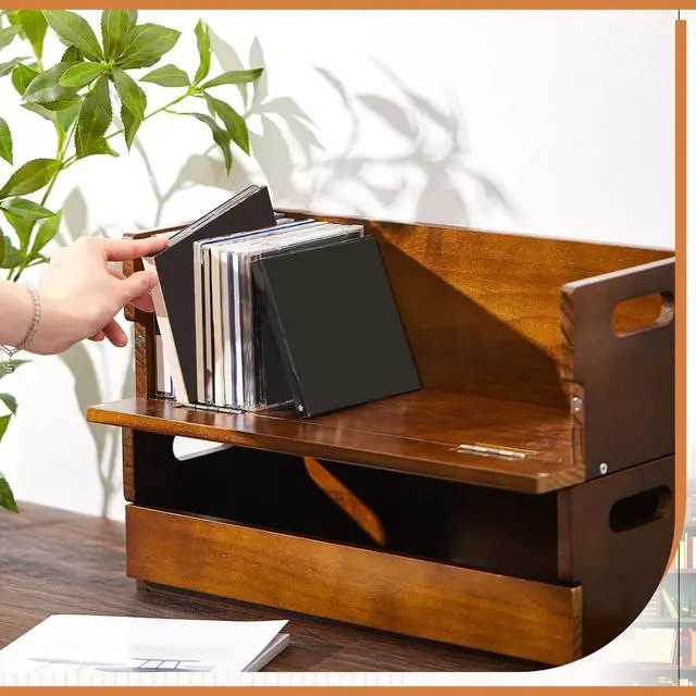 Alt view image 4 of 5 - CroBlissful 4 Set Wooden CD Storage Box,Holds 144 CDs(36 Each),Stackable CD Holder Organizer with Magnetic Front Flap and Carrying Handles for DVDs, Cassette Tapes and Movie Cases (Brown)