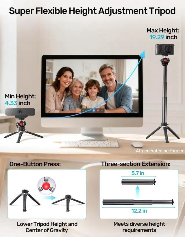 Alt view image 2 of 5 - Etour Webcam Tripod Stand, Height Extendable Tripod with 360 Swivel Balhead for Webcam/Camera/Phone, for NexiGo N60 Logitech Webcam C920 C922 C922x C925e C930 C930e C615 Brio 4K with 1/4" Threa