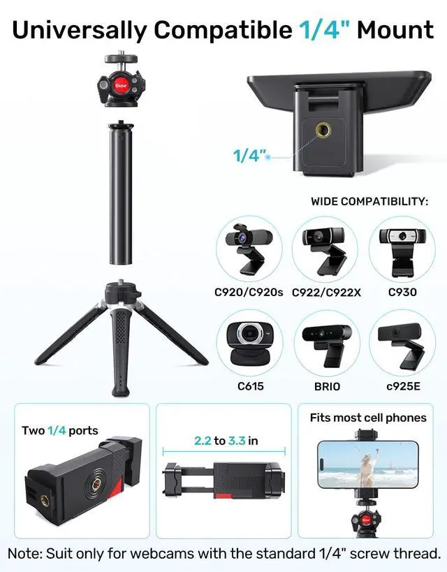 Alt view image 5 of 5 - Etour Webcam Tripod Stand, Height Extendable Tripod with 360 Swivel Balhead for Webcam/Camera/Phone, for NexiGo N60 Logitech Webcam C920 C922 C922x C925e C930 C930e C615 Brio 4K with 1/4" Threa