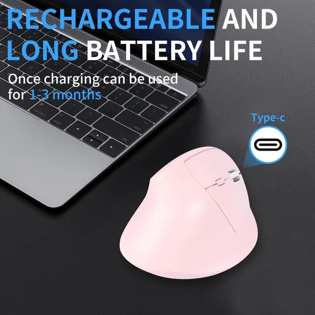 Alt view image 5 of 5 - Ergonomic Vertical Mouse, Bluetooth Mouse Dual Mode Wireless Rechargeable Mice Support 2 Devices (Bluetooth or USB), 1600 DPI Silent Mice 6 Button Computer for Laptop, PC,MacBook, iPad,Mac-Pink