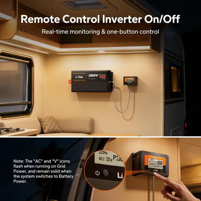 Alt view image 5 of 5 - Litime 2000W Pure Sine Wave Power Inverter with ATS Transfer Switch, 12V DC to 120V AC Converter, 4000W Peak, Remote LCD Controller, USB & Type-C for RV, Truck, Home, Camping
