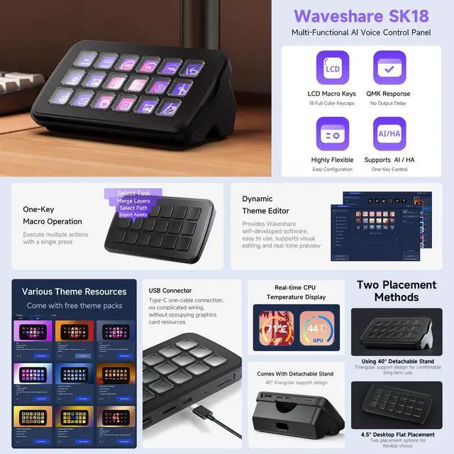Alt view image 3 of 5 - KLAYERS SK18 B Multi-Functional AI Voice Control Panel with 18 Programmable LCD Macro Keys,Linux+QMK Dual-System Architecture, and AIDA64 Compatibility