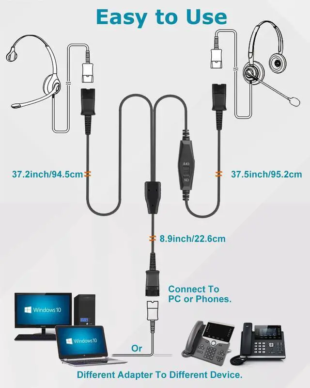 Alt view image 5 of 5 - Training Y Splitter Adapter Cable to QD Headset Work for All Plantronics Quick Disconnect Headsets Splitter Cord Connector with in-line Volume Mute Controls for Call Center, Monitoring, Training