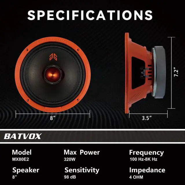 Alt view image 3 of 5 - Gaooger MX80E2 Midrange Loudspeaker 8" Orange Bullet, 640W Max, 4 Ohms, Premium Quality Audio Door Speakers for Car or Truck Stereo Sound System, Orange (2 Speaker)