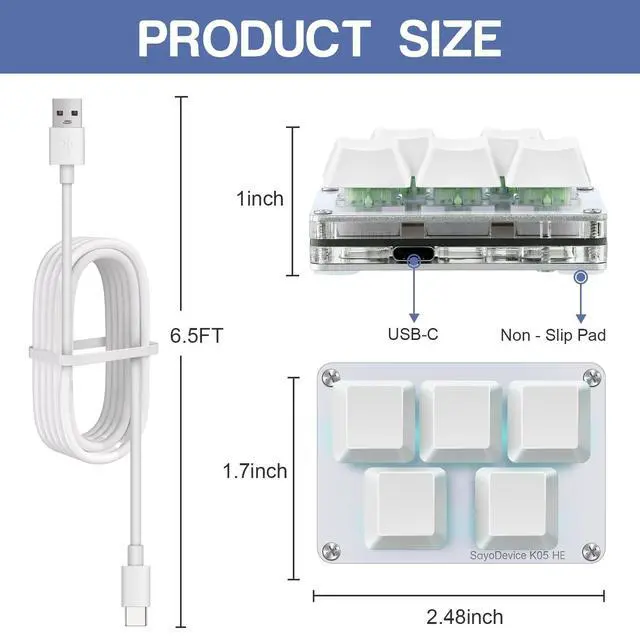 Alt view image 3 of 5 - SAYODEVICE K05 HE Rapid Trigger Hall Effect Mini Keyboard Suitable for OSU and Geometry Dash Rhythm Game Macro Keypad with Magnetic Linear Switches (White, Gateron Jade Pro Green Switch)