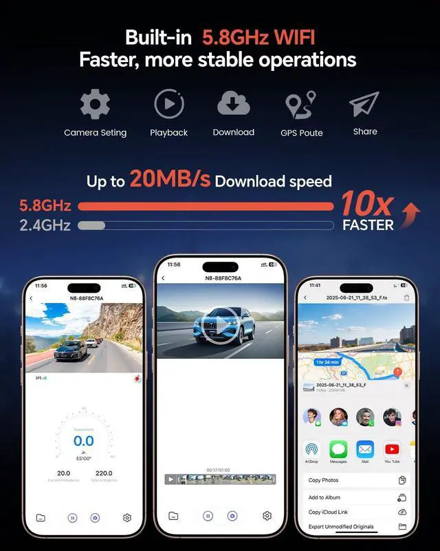 Alt view image 4 of 5 - COOLCRAZY Dash Cam Front Rear - 4K STARVIS Sensor Dashcam,Free 64GB Card, Built-in 5G WiFi/GPS, Dual Dash Camera for Cars with 3" IPS Screen,HDR/WDR Night Vision, App Control, 24H Parking Mode