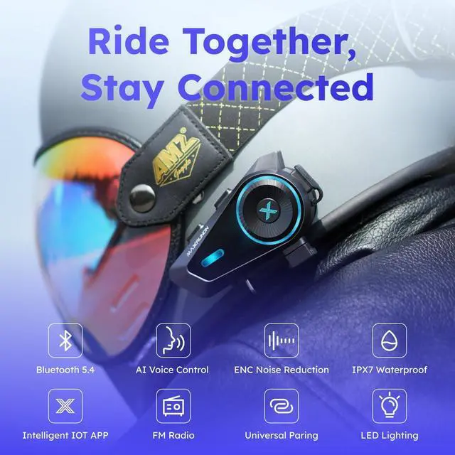 Alt view image 2 of 5 - MAXRUNON D10 Motorcycle Bluetooth Headset with Natural AI Voice Control, Bluetooth 5.4 Helmet Intercom for 4 Riders with ENC Noise Canceling, Audio Multitasking, FM, IPX7, Fits Snowmobile/ATV, 2 Pack