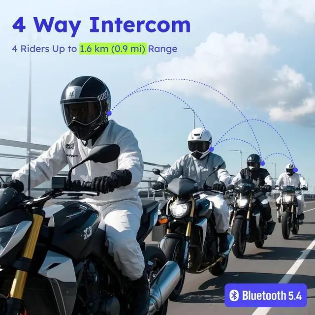 Alt view image 4 of 5 - MAXRUNON D10 Motorcycle Bluetooth Headset with Natural AI Voice Control, Bluetooth 5.4 Helmet Intercom for 4 Riders with ENC Noise Canceling, Audio Multitasking, FM, IPX7, Fits Snowmobile/ATV, 2 Pack