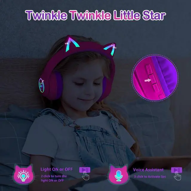 Alt view image 4 of 5 - LOBKIN Bluetooth 5.4 Kids Headphones with Case - RGB LED Light Up Cat Ears Foldable Adjustable Over Ear Headphone Support Wireless or 3.5mm Wired Mode for Toddler & Girls & Boys Teens