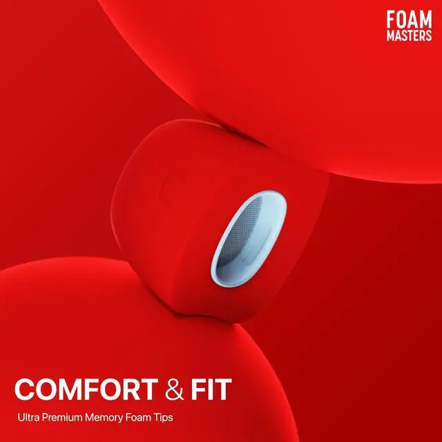 Alt view image 4 of 5 - Foam Masters Ultra-Premium Memory Foam Ear Tips for AirPods Pro 3rd Gen (2025) ^^ 3 Pairs ^^ New Ver. ^^ Secure Fit ^^ Super Comfort ^^ Better Noise Cancel ^^ Replacement Buds (Medium, Red)