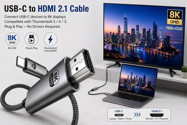 Alt view image 2 of 5 - BRENDAZ USB C to HDMI Cable - 2-Pack- Thunderbolt 5, 4, 3 Compatible, USB 3.2 Type-C to HDMI 2.1 Cord, 8K 60hz, 4K, Compatible with MacBook, iPhone 15,16, 17, Galaxy S24, S25, S26 and More (2)