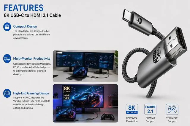 Alt view image 4 of 5 - BRENDAZ USB C to HDMI Cable - 2-Pack- Thunderbolt 5, 4, 3 Compatible, USB 3.2 Type-C to HDMI 2.1 Cord, 8K 60hz, 4K, Compatible with MacBook, iPhone 15,16, 17, Galaxy S24, S25, S26 and More (2)