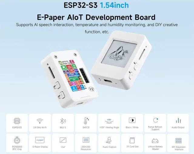 Alt view image 2 of 5 - ESP32-S3 1.54inch e-Paper AIoT Development Board, 200 x 200, Black/White, Supports Wi-Fi and Bluetooth Dual-Mode Communication,Supports AI Speech Interaction, DIY Creative Function, etc.