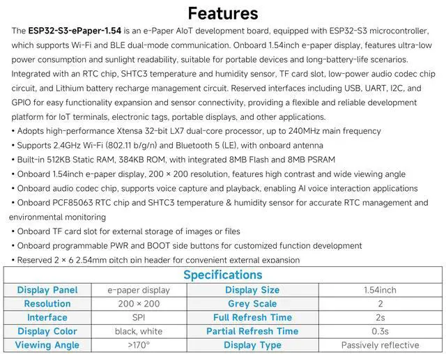 Alt view image 4 of 5 - ESP32-S3 1.54inch e-Paper AIoT Development Board, 200 x 200, Black/White, Supports Wi-Fi and Bluetooth Dual-Mode Communication,Supports AI Speech Interaction, DIY Creative Function, etc.
