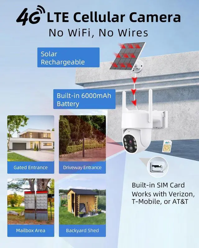 Alt view image 4 of 5 - Ameyes 4MP 4G LTE Cellular Security Cameras Wireless Outdoor, Solar Cameras for Home Security 32GB SD Card & SIM Card, Night Vision, PT 360 Camera, 2-Way Audio, Motion Detect, No WiFi & Wire (W