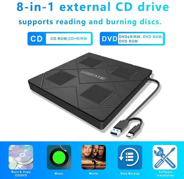 Alt view image 2 of 5 - GODBPNYMU External CD Drive: an 8-in-1 DVD Player for Laptop Featuring USB*2 /C*2,TF/SD Card Reader.CD/DVD +/-RW Burner,Compatible with Windows 11/10/ 8/7/XP,Linux,Mac os. Comes with 1+4 Storage Bag