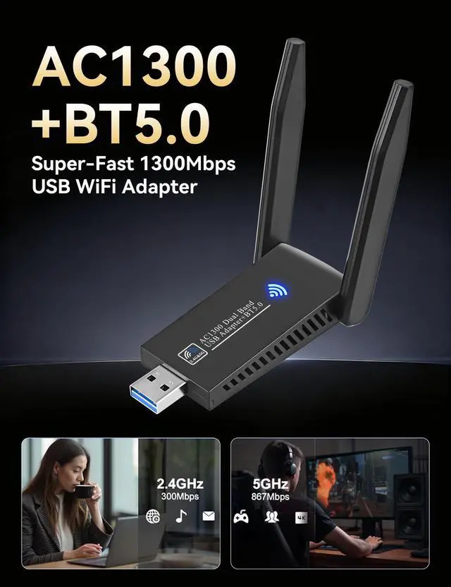 Alt view image 2 of 5 - Gallasys AC1300 with Bluetooth 5.0 USB 3.0 WiFi Adapter for PC Desktop & Laptop, Dual-BandWireless Card, 2 High gain Antenna, MU-MlMO,Support Windows 11/10/8.1/8/7/XP, Mac OS 10.9-10.15