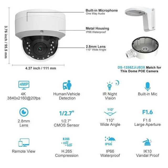 Alt view image 5 of 5 - UNILOOK 4K 8MP PoE IP Dome Camera, IP Security Camera Outdoor Indoor, AI Human Vehicle Detection, 100ft Night Vision, Built-in Microphone, IP66, IK10, 2.8mm Wide Angle Lens, Not PTZ, NDAA Complaint