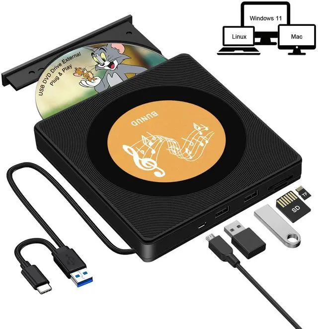 Main image of BUNUD External CD/DVD Drive for Laptop: USB 3.0 & Type C CD Burner with 2 USB/TF/SD Slots - Plug & Play Portable +/-RW ROM Reader Player SuperDrive for PC Mac Apple Windows (Gold)
