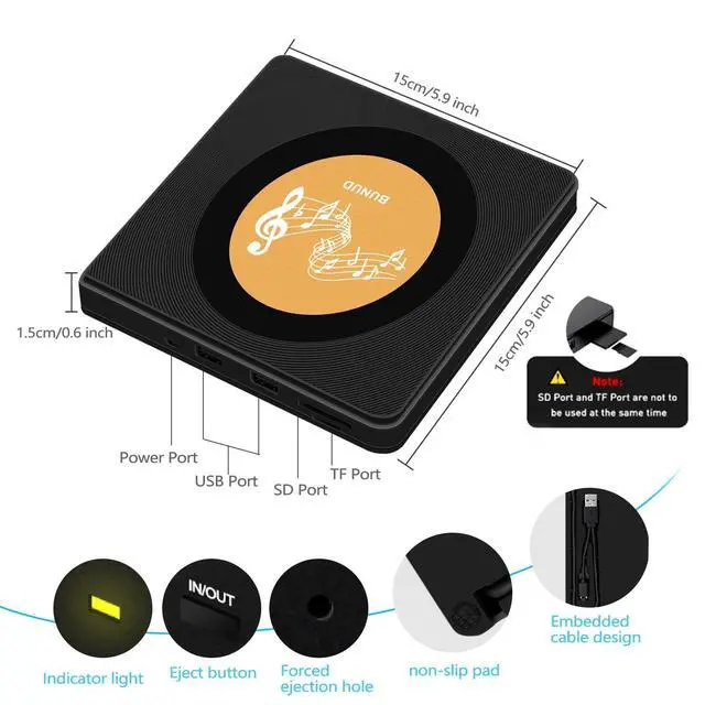 Alt view image 5 of 5 - BUNUD External CD/DVD Drive for Laptop: USB 3.0 & Type C CD Burner with 2 USB/TF/SD Slots - Plug & Play Portable +/-RW ROM Reader Player SuperDrive for PC Mac Apple Windows (Gold)