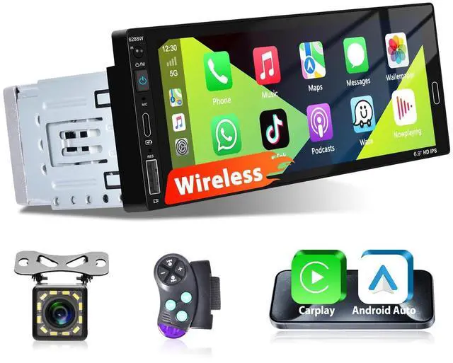 Main image of Motorsi 6.86 Inch Single Din Wireless CarPlay Car Stereo, Touch Screen Android Auto Radio with Mirror Link, Bluetooth 5.0 Audio Receiver with FM/RDS, EQ, Power-Off Memory,TF/USB/SWC + Rear View