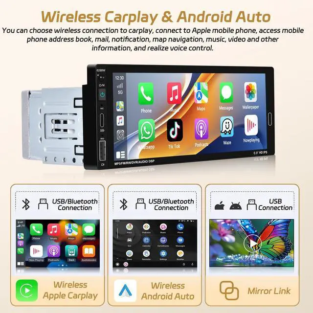 Alt view image 2 of 5 - Motorsi 6.86 Inch Single Din Wireless CarPlay Car Stereo, Touch Screen Android Auto Radio with Mirror Link, Bluetooth 5.0 Audio Receiver with FM/RDS, EQ, Power-Off Memory,TF/USB/SWC + Rear View
