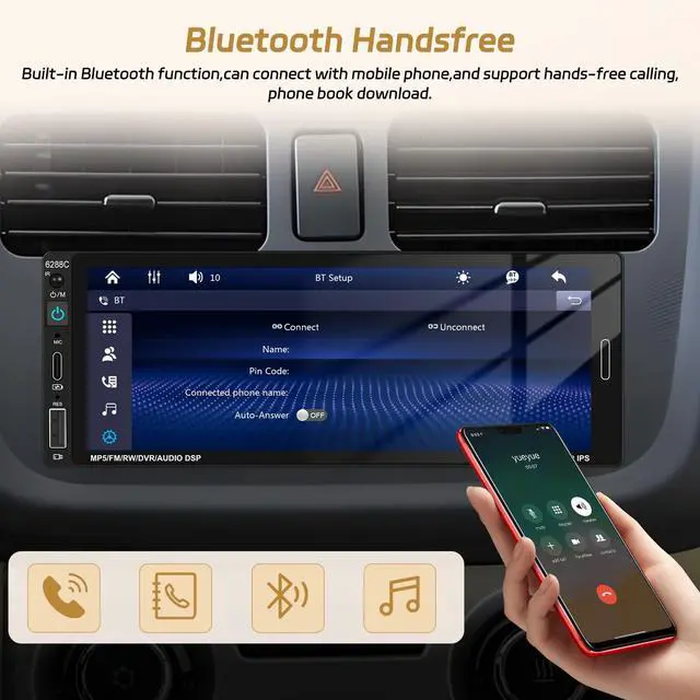 Alt view image 3 of 5 - Motorsi 6.86 Inch Single Din Wireless CarPlay Car Stereo, Touch Screen Android Auto Radio with Mirror Link, Bluetooth 5.0 Audio Receiver with FM/RDS, EQ, Power-Off Memory,TF/USB/SWC + Rear View