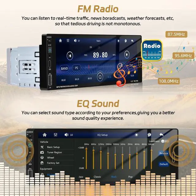 Alt view image 4 of 5 - Motorsi 6.86 Inch Single Din Wireless CarPlay Car Stereo, Touch Screen Android Auto Radio with Mirror Link, Bluetooth 5.0 Audio Receiver with FM/RDS, EQ, Power-Off Memory,TF/USB/SWC + Rear View