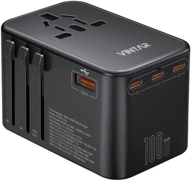 Main image of Universal Travel Adapter, VINTAR 100W GaN International Power Adapter with 3 USB C PD and 1 USB A QC, All in One Plug Adapter, Travel Adapter Worldwide for EU/UK/USA/AUS(Type C/G/A/I)