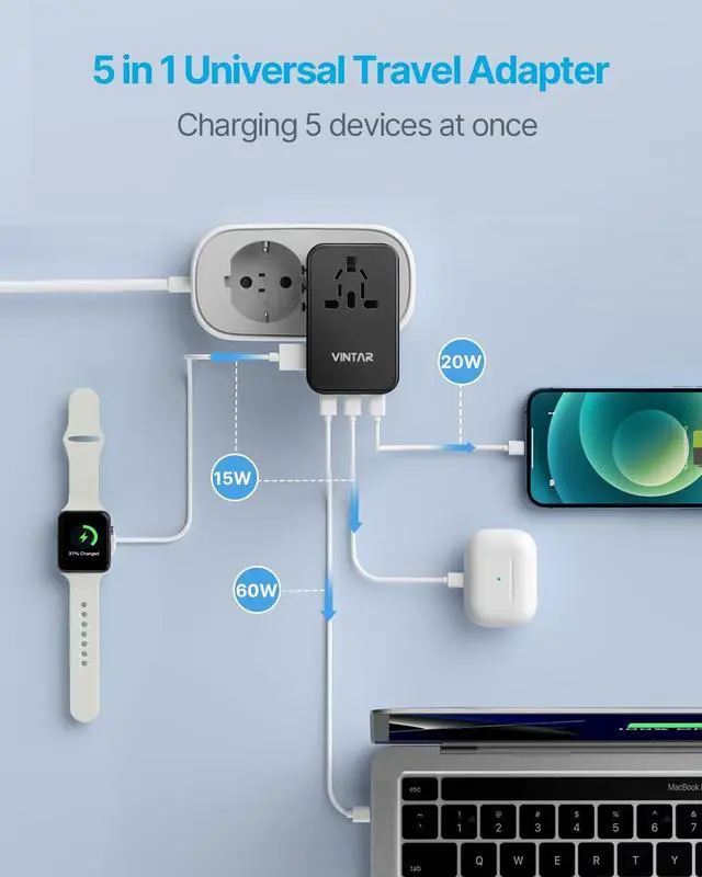 Alt view image 4 of 5 - Universal Travel Adapter, VINTAR 100W GaN International Power Adapter with 3 USB C PD and 1 USB A QC, All in One Plug Adapter, Travel Adapter Worldwide for EU/UK/USA/AUS(Type C/G/A/I)