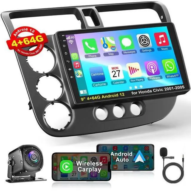 Main image of (8-core+64G) for Honda Civic 2001 2002 2003 2004 2005 Car Radio, 9'' QLED Touchscreen Car Stereo Support Wireless Carplay&Android Auto, Bluetooth5.2, Reverse Camera/GPS/WiFi/Steering Wheel Cont