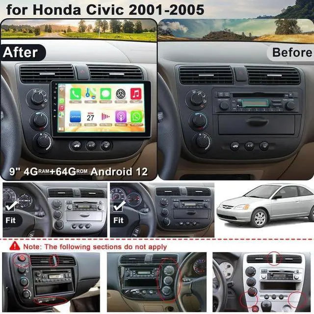 Alt view image 2 of 5 - (8-core+64G) for Honda Civic 2001 2002 2003 2004 2005 Car Radio, 9'' QLED Touchscreen Car Stereo Support Wireless Carplay&Android Auto, Bluetooth5.2, Reverse Camera/GPS/WiFi/Steering Wheel Cont