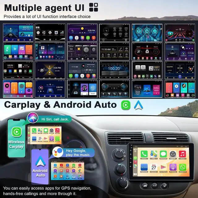 Alt view image 3 of 5 - (8-core+64G) for Honda Civic 2001 2002 2003 2004 2005 Car Radio, 9'' QLED Touchscreen Car Stereo Support Wireless Carplay&Android Auto, Bluetooth5.2, Reverse Camera/GPS/WiFi/Steering Wheel Cont