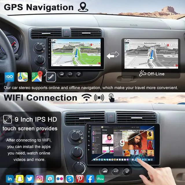 Alt view image 5 of 5 - (8-core+64G) for Honda Civic 2001 2002 2003 2004 2005 Car Radio, 9'' QLED Touchscreen Car Stereo Support Wireless Carplay&Android Auto, Bluetooth5.2, Reverse Camera/GPS/WiFi/Steering Wheel Cont