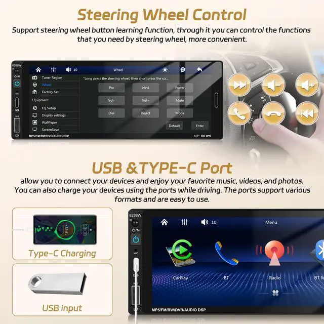 Alt view image 5 of 5 - Motorsi 6.86 Inch Single Din Wireless CarPlay Car Stereo, Touch Screen Android Auto Radio with Mirror Link, Bluetooth 5.0 Audio Receiver with FM/RDS, EQ, Power-Off Memory,TF/USB/SWC + Rear View