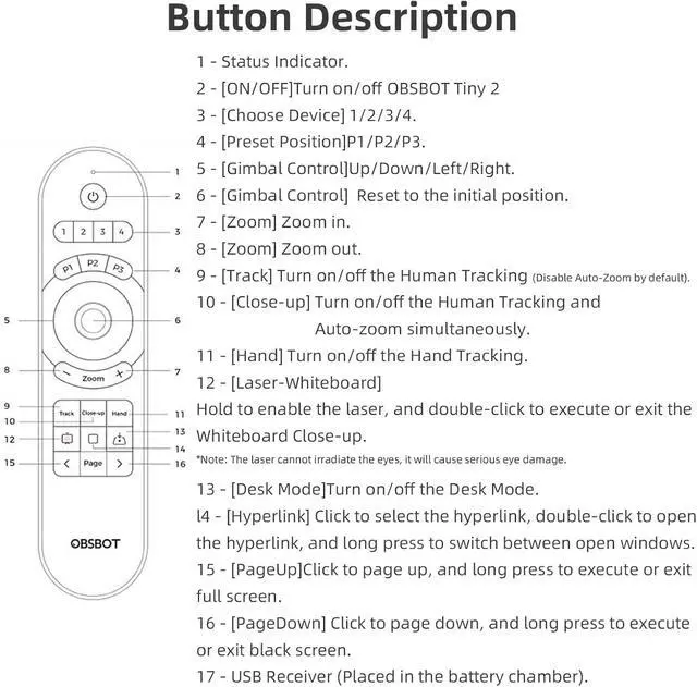 Alt view image 5 of 5 - OBSBOT Tiny Smart Remote 2, Smart Remote for Tiny 3 Lite/Tiny 3/Tiny 2 Lite/Tiny 2/Tiny 4K/Tiny 1080P/Tiny SE Webcam and UVC to HDMI Adapter 2nd Gen, Wireless Connection via USB Receiver