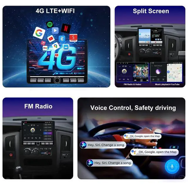 Alt view image 3 of 5 - 4G LTE QLED Radio for Dodge RAM 2002-2005 Upgrade,8-Core CPU Touch Screen Stereo,Wireless CarPlay & Android Auto,Support OEM Camera & Steering Wheel Control,Free Camera