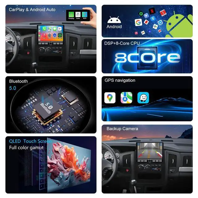 Alt view image 4 of 5 - 4G LTE QLED Radio for Dodge RAM 2002-2005 Upgrade,8-Core CPU Touch Screen Stereo,Wireless CarPlay & Android Auto,Support OEM Camera & Steering Wheel Control,Free Camera