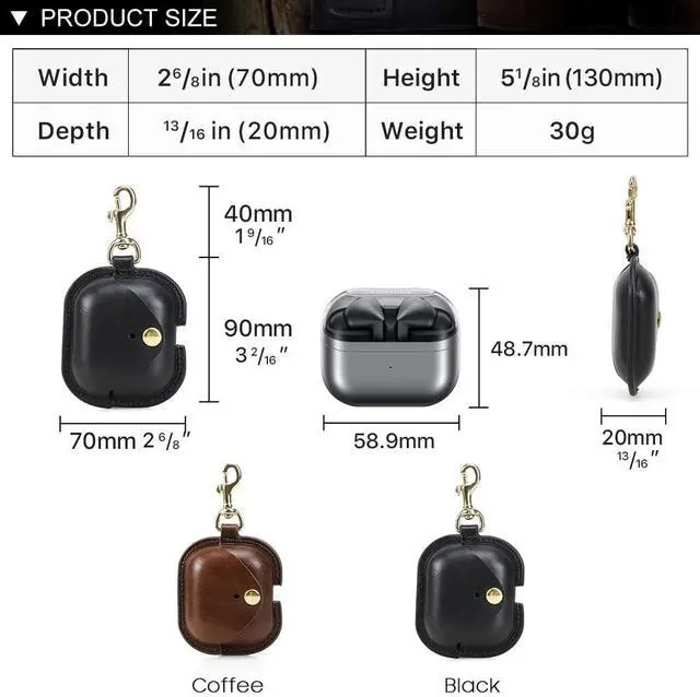 Alt view image 2 of 5 - Hiram Leather Cover for Galaxy Buds 3/3 Pro Cowhide Leather Cover with Brass Carabiner Shockproof Hard Shell Support Wired & Wireless Charging Anti-Lost Belt Loop Clip Black