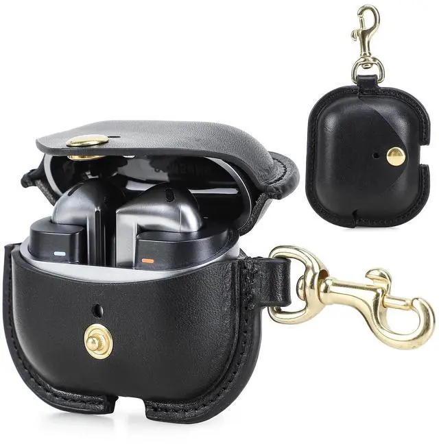 Main image of Hiram Leather Cover for Galaxy Buds 3/3 Pro Cowhide Leather Cover with Brass Carabiner Shockproof Hard Shell Support Wired & Wireless Charging Anti-Lost Belt Loop Clip Black