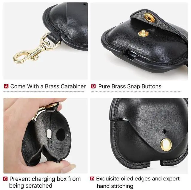 Alt view image 5 of 5 - Hiram Leather Cover for Galaxy Buds 3/3 Pro Cowhide Leather Cover with Brass Carabiner Shockproof Hard Shell Support Wired & Wireless Charging Anti-Lost Belt Loop Clip Black