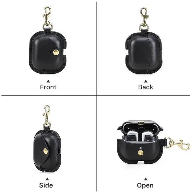 Alt view image 3 of 5 - Hiram Leather Cover for Galaxy Buds 3/3 Pro Cowhide Leather Cover with Brass Carabiner Shockproof Hard Shell Support Wired & Wireless Charging Anti-Lost Belt Loop Clip Black