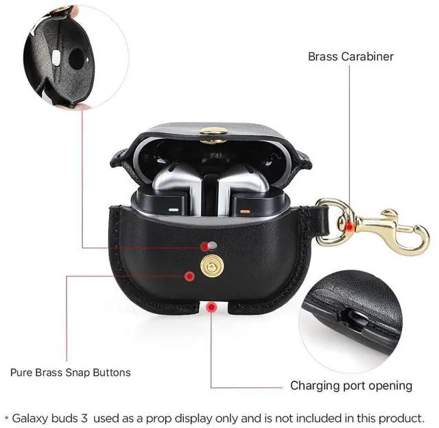 Alt view image 4 of 5 - Hiram Leather Cover for Galaxy Buds 3/3 Pro Cowhide Leather Cover with Brass Carabiner Shockproof Hard Shell Support Wired & Wireless Charging Anti-Lost Belt Loop Clip Black