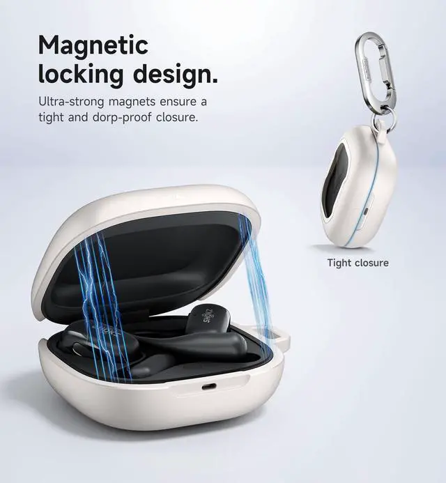 Alt view image 3 of 5 - SURITCH for SHOKZ New OpenFit 2 Case Cover, Magnetic Locking Cases for SHOKZ OpenFit 2 Open-Ear Headphones, Shockproof Bumper Protective Covers with Carabiner & Keyring & Cleaner Kit, White
