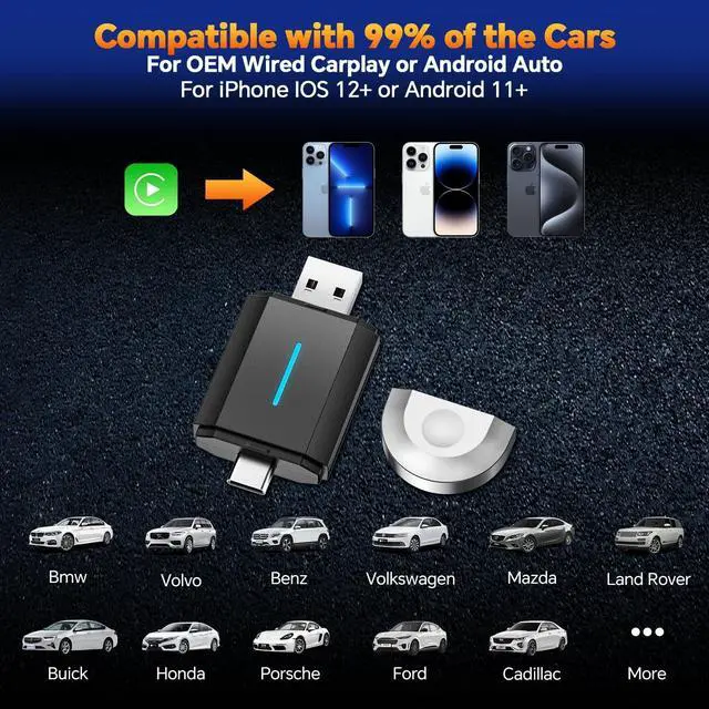 Alt view image 3 of 5 - Master Cables 2 in 1 Wireless Carplay Adapter for Apple CarPlay & Android Auto, USB A & USB C Dongle Converts Wired to Wireless, Compatible with Cars from 2016, Plug & Play