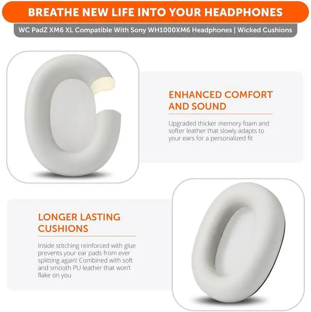 Alt view image 4 of 5 - WC PadZ XM6 XL Extra Large Replacement Ear Pads Compatible with Sony WH-1000XM6 by Wicked Cushions ^^ Bigger Ear Opening, Enhanced Comfort & Sound Isolation ^^ Platinum Silver