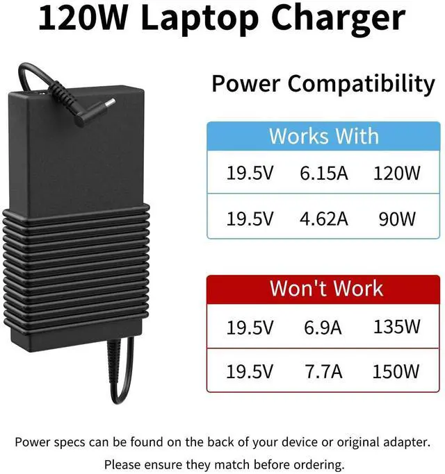 Alt view image 2 of 5 - 120W Charger Compatible with HP USB-C Dock G5 G4 USB-C/A Universal Dock G2 Envy Touchsmart 14 15 M7 OMEN 15 17 Zbook Firefly 16 G9 14 G7 G8 G9 G10 G11 710415-001 M95377-001 19.5V 6.15A Ac Adapter