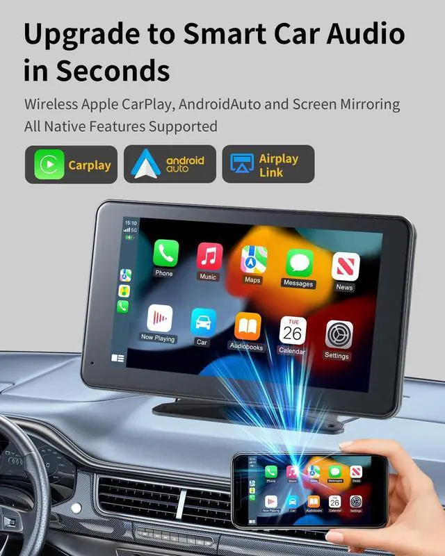 Alt view image 2 of 5 - Wireless CarPlay & Android Auto Screen for Car - 7" Portable Car Stereo with 1080P Backup Camera, GPS Navigation, Voice Control, Bluetooth, FM, AUX - Universal Plug & Play Head Unit for Older V